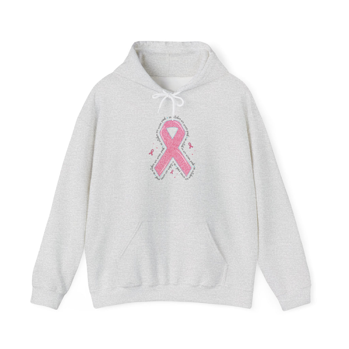 Ash grey In October We Wear Pink ribbon hoodie with glitter pink ribbon
