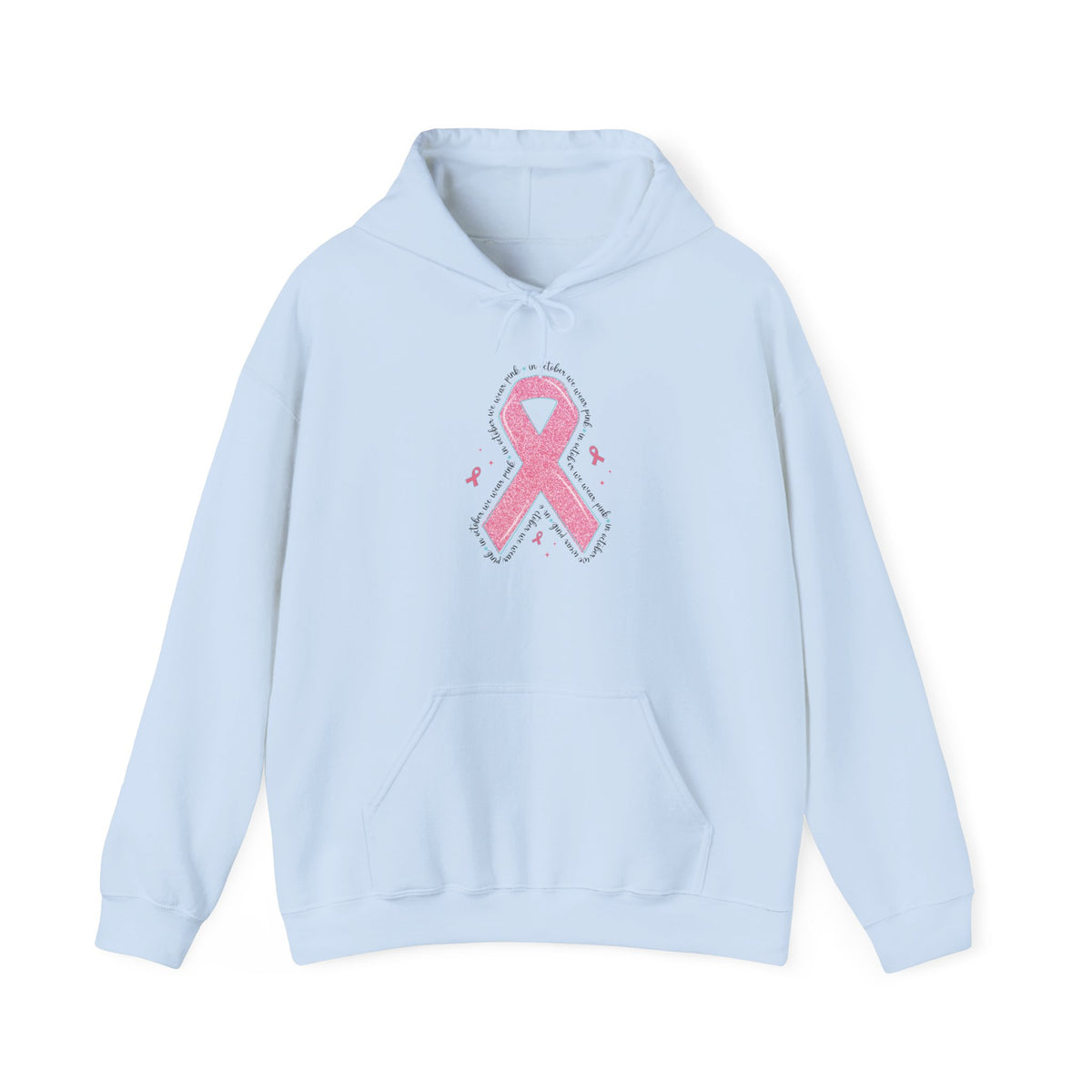 Light blue In October We Wear Pink ribbon hoodie with glitter pink ribbon