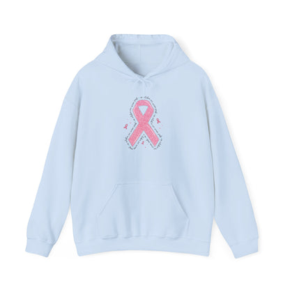 Light blue In October We Wear Pink ribbon hoodie with glitter pink ribbon