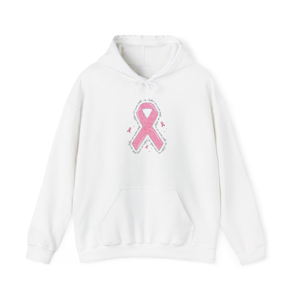 White In October We Wear Pink ribbon hoodie with glitter pink ribbon