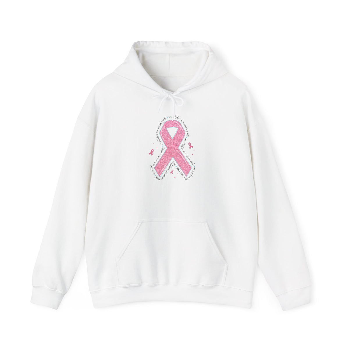 White In October We Wear Pink ribbon hoodie with glitter pink ribbon