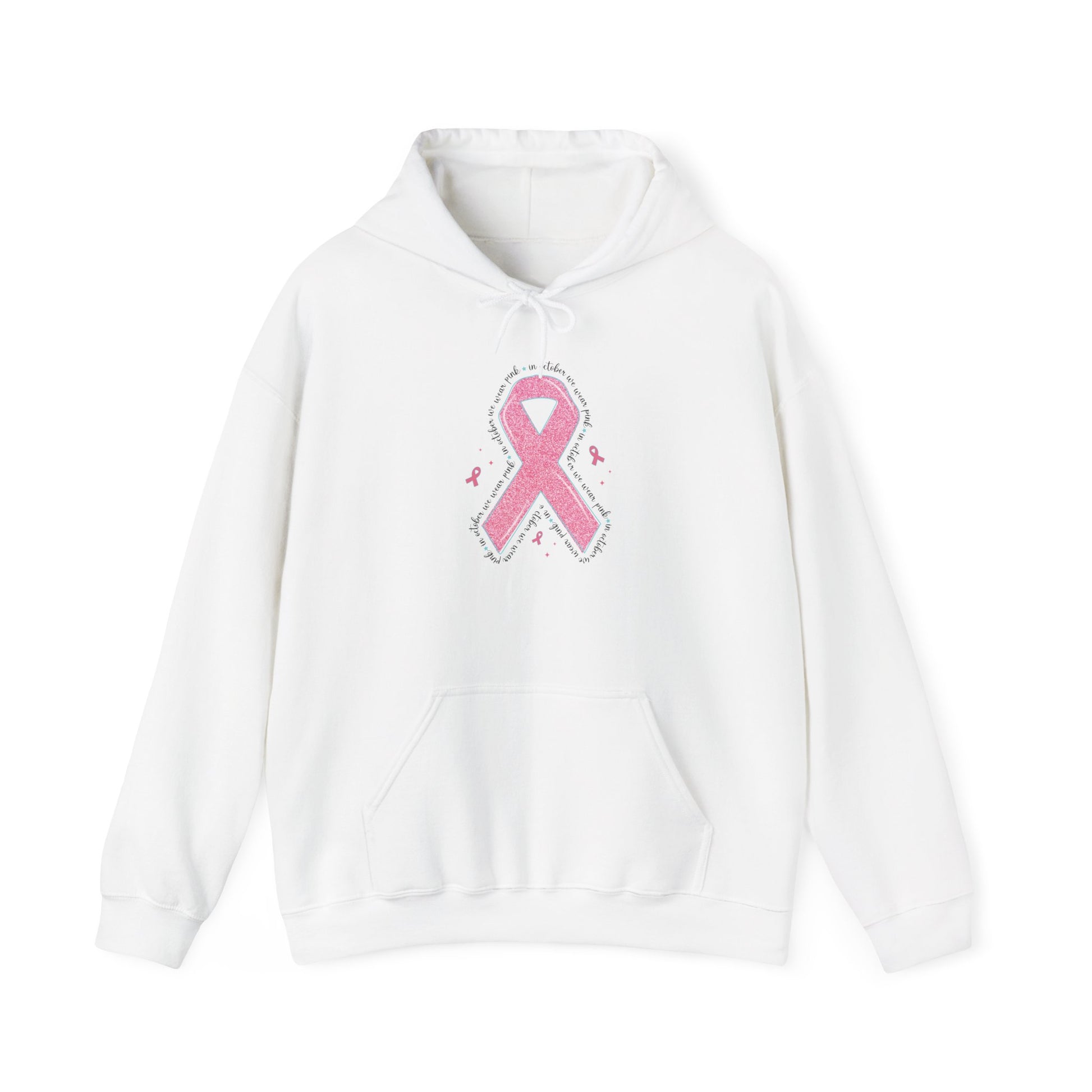 White In October We Wear Pink ribbon hoodie with glitter pink ribbon