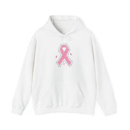 White In October We Wear Pink ribbon hoodie with glitter pink ribbon