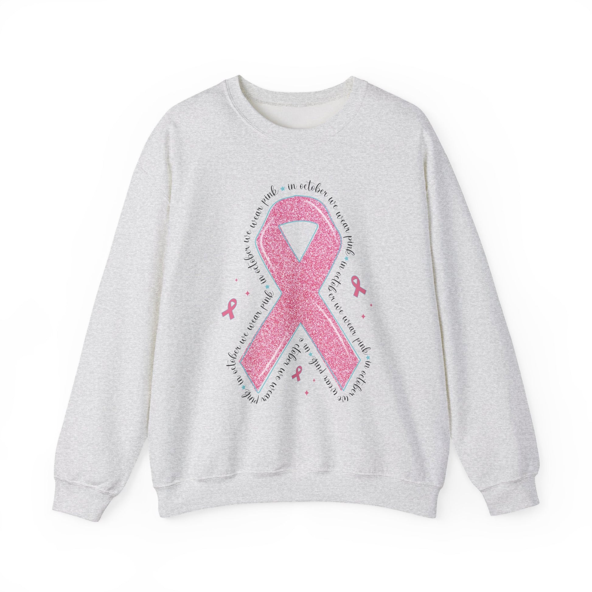 Ash grey In October We Wear Pink ribbon sweatshirt with glitter pink ribbon