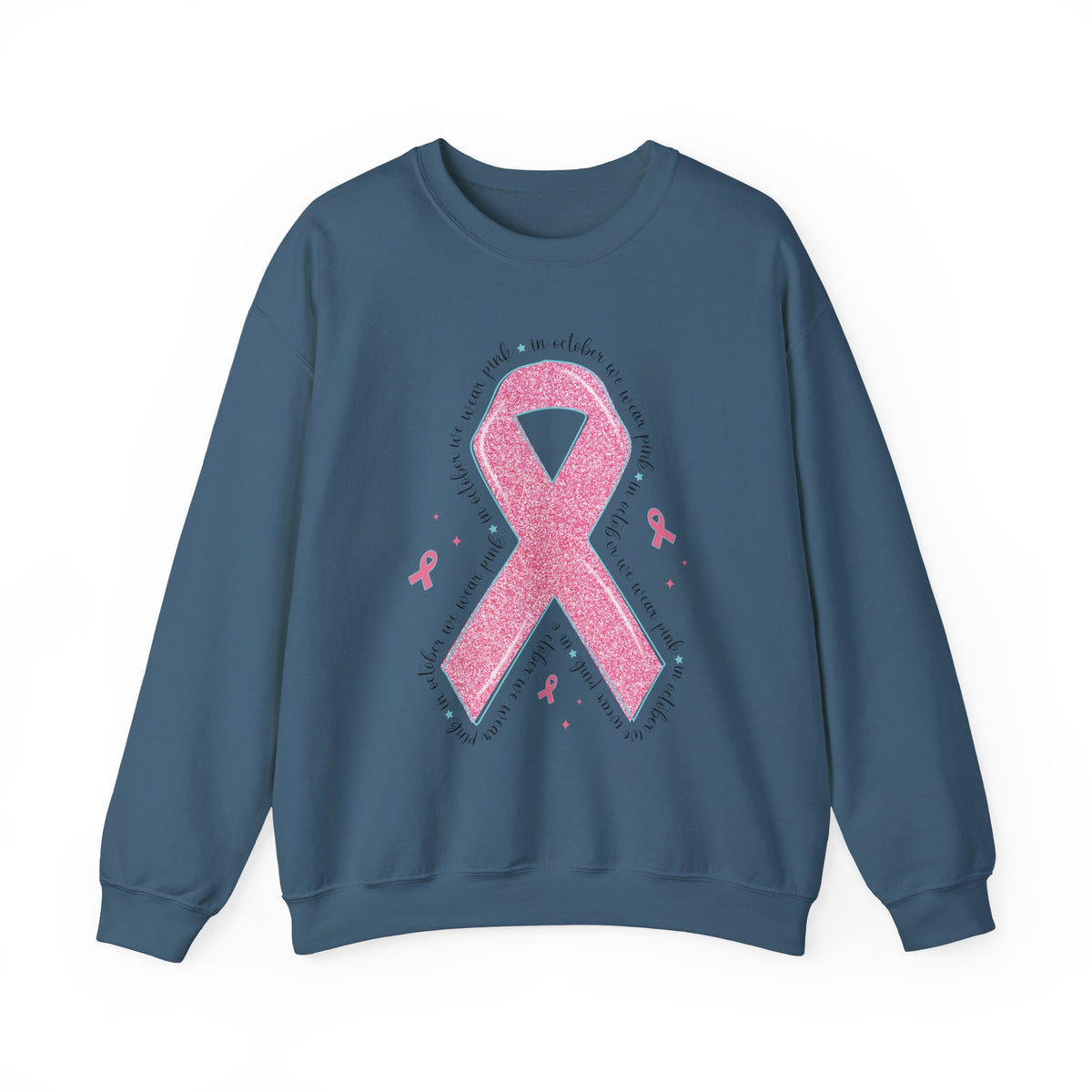 Indigo blue In October We Wear Pink ribbon sweatshirt with glitter pink ribbon