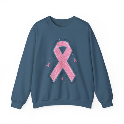 Indigo blue In October We Wear Pink ribbon sweatshirt with glitter pink ribbon