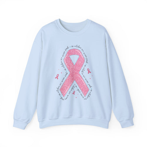 Light blue In October We Wear Pink ribbon sweatshirt with glitter pink ribbon
