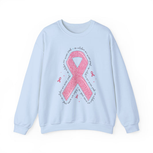 Light blue In October We Wear Pink ribbon sweatshirt with glitter pink ribbon