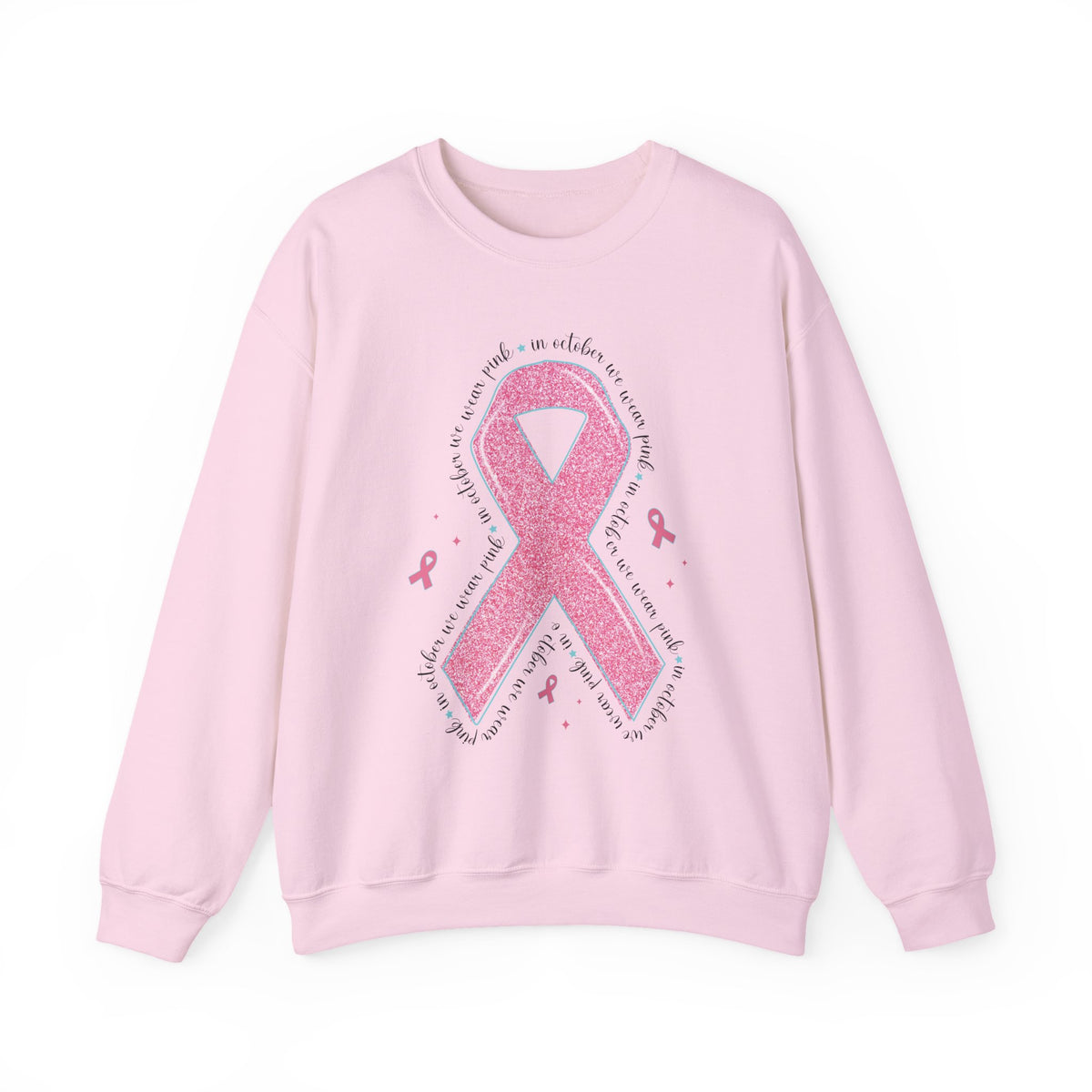 Light pink In October We Wear Pink ribbon sweatshirt with glitter pink ribbon