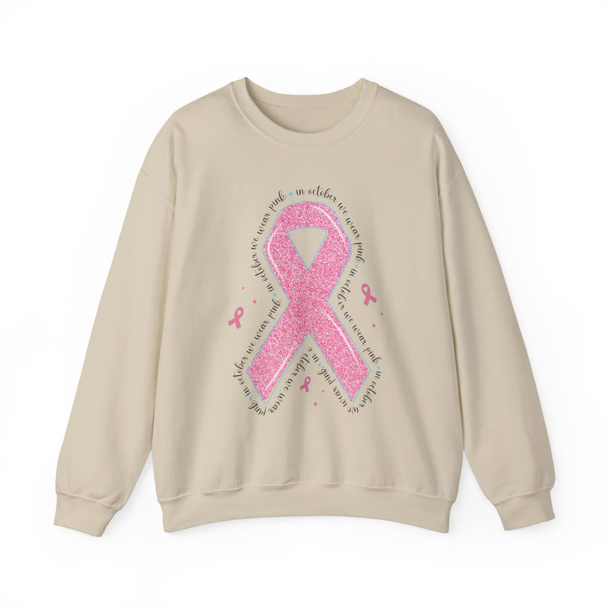 Sand In October We Wear Pink ribbon sweatshirt with glitter pink ribbon