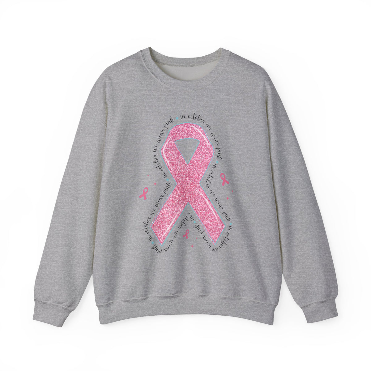 Sport grey In October We Wear Pink ribbon sweatshirt with glitter pink ribbon