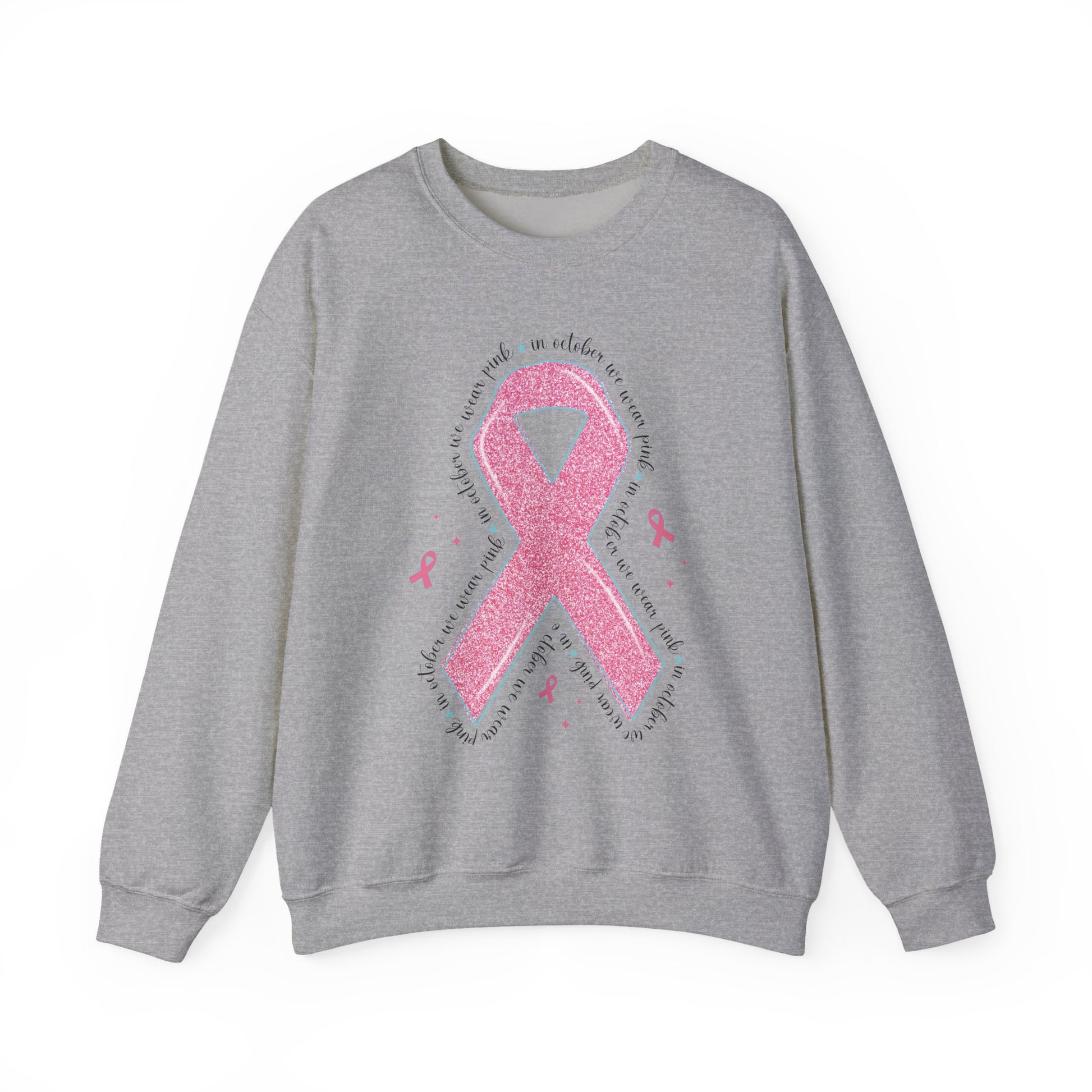 Sport grey In October We Wear Pink ribbon sweatshirt with glitter pink ribbon