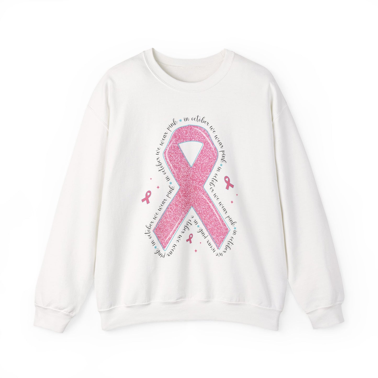 White In October We Wear Pink ribbon sweatshirt with glitter pink ribbon