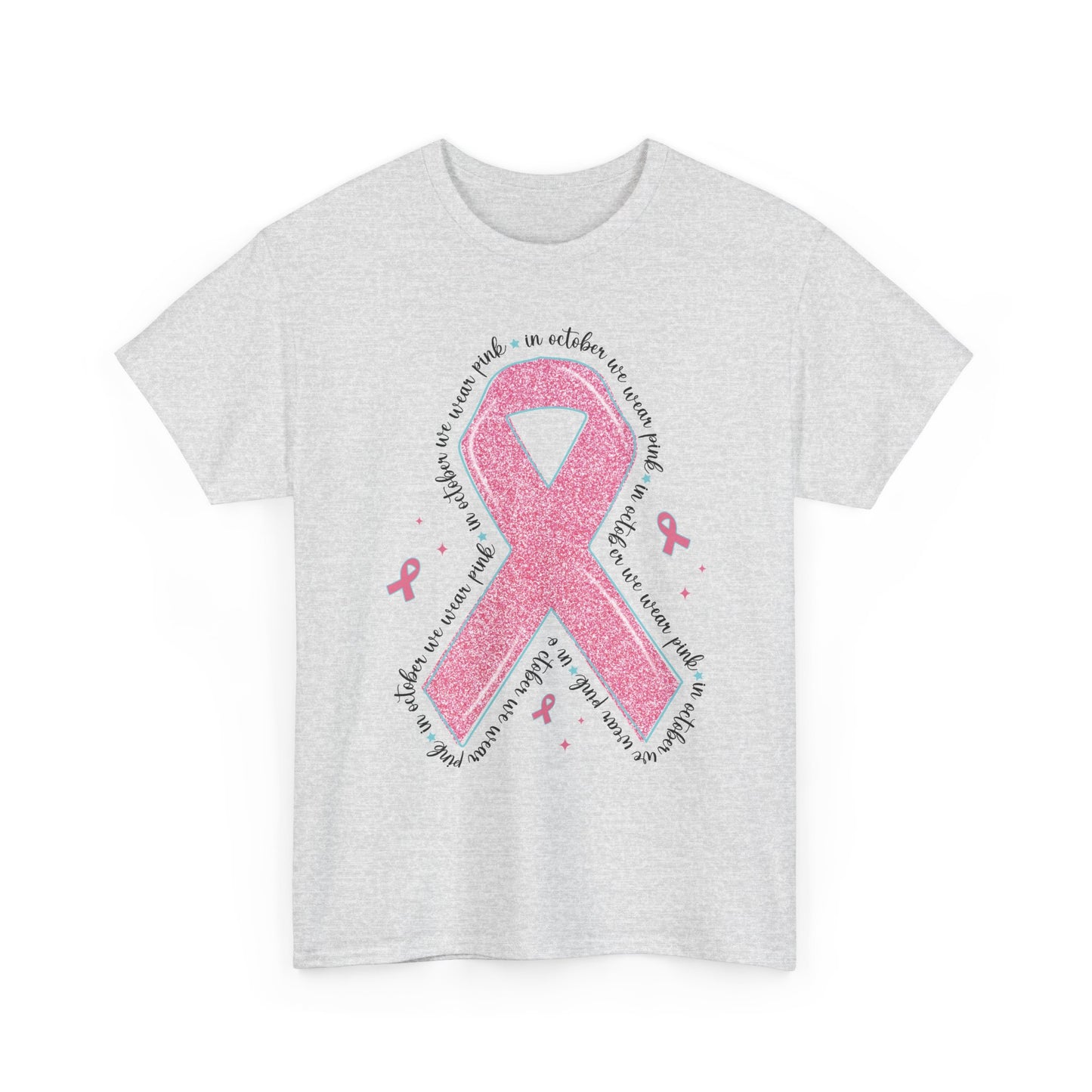 Ash grey In October We Wear Pink ribbon t-shirt with glitter pink ribbon