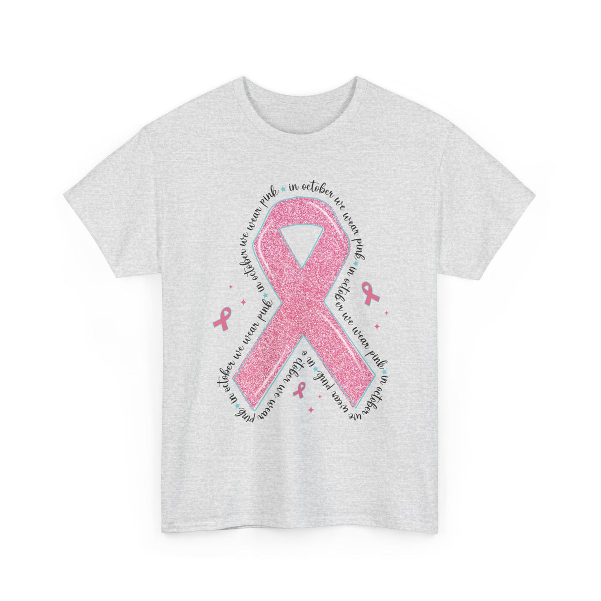 Ash grey In October We Wear Pink ribbon t-shirt with glitter pink ribbon