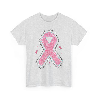 Ash grey In October We Wear Pink ribbon t-shirt with glitter pink ribbon