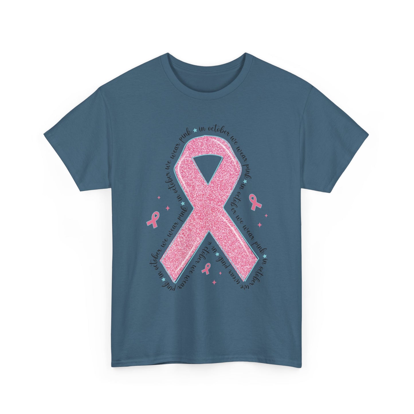 Indigo blue In October We Wear Pink ribbon t-shirt with glitter pink ribbon