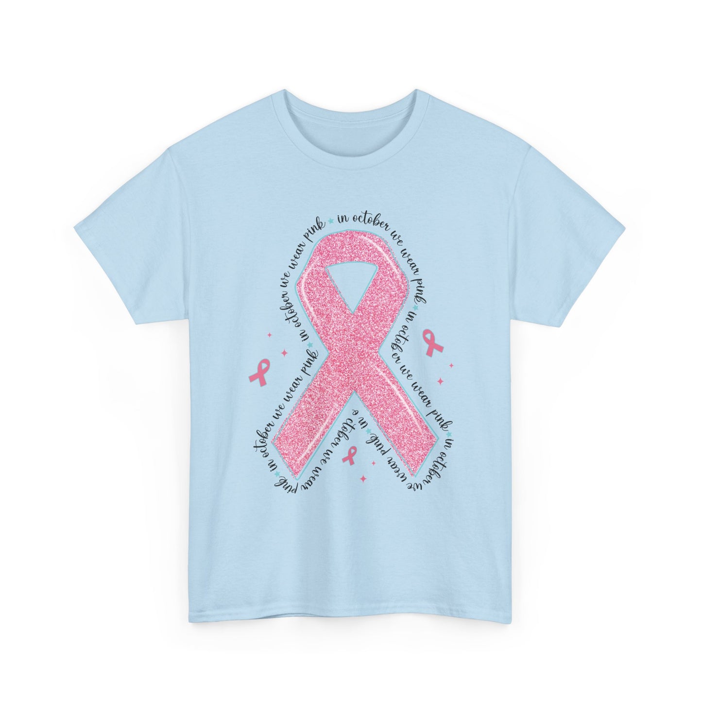 Light blue In October We Wear Pink ribbon t-shirt with glitter pink ribbon