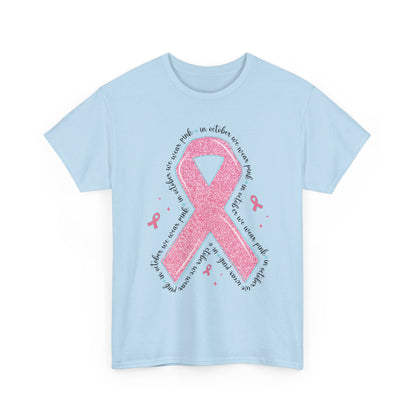 Light blue In October We Wear Pink ribbon t-shirt with glitter pink ribbon