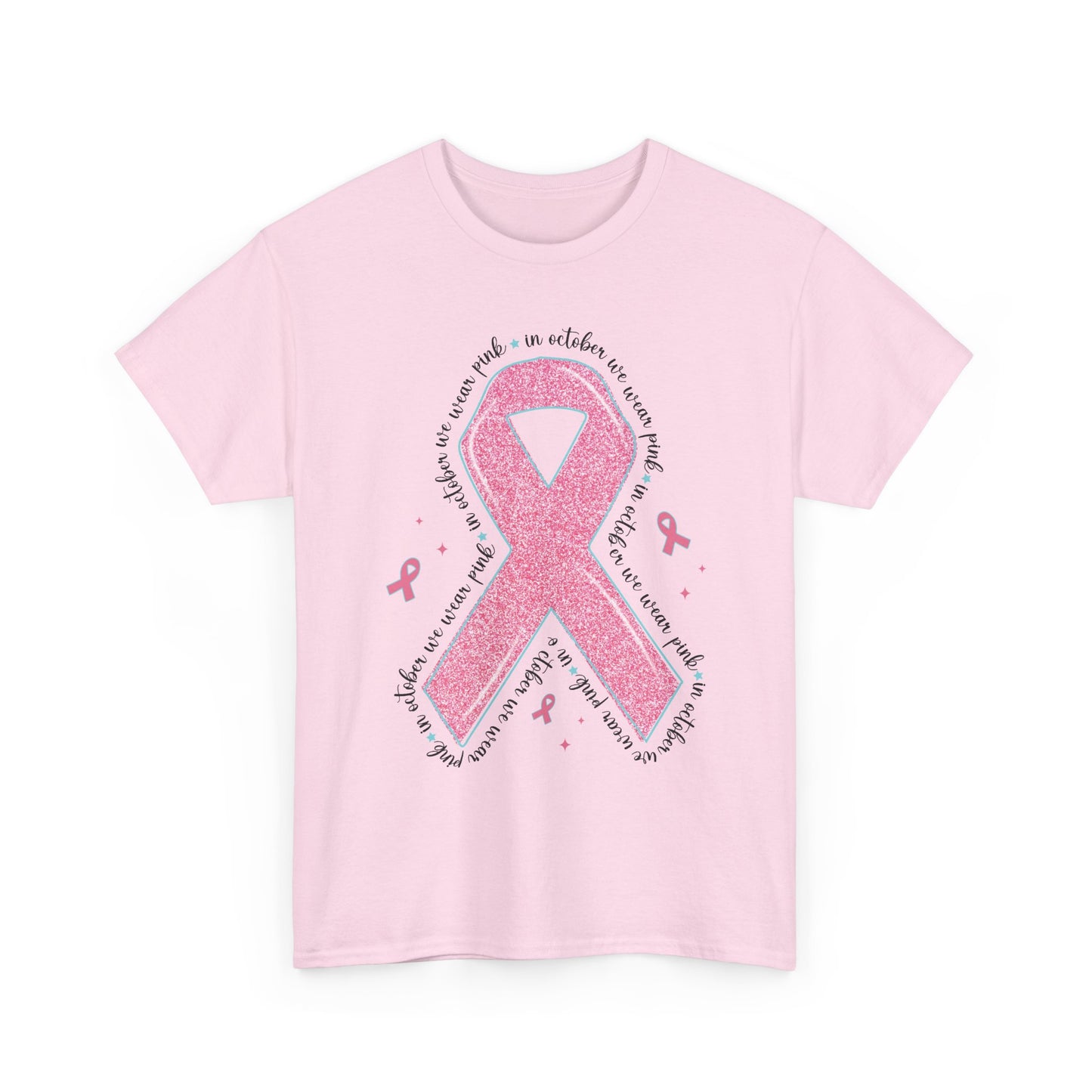 Light pink In October We Wear Pink ribbon t-shirt with glitter pink ribbon