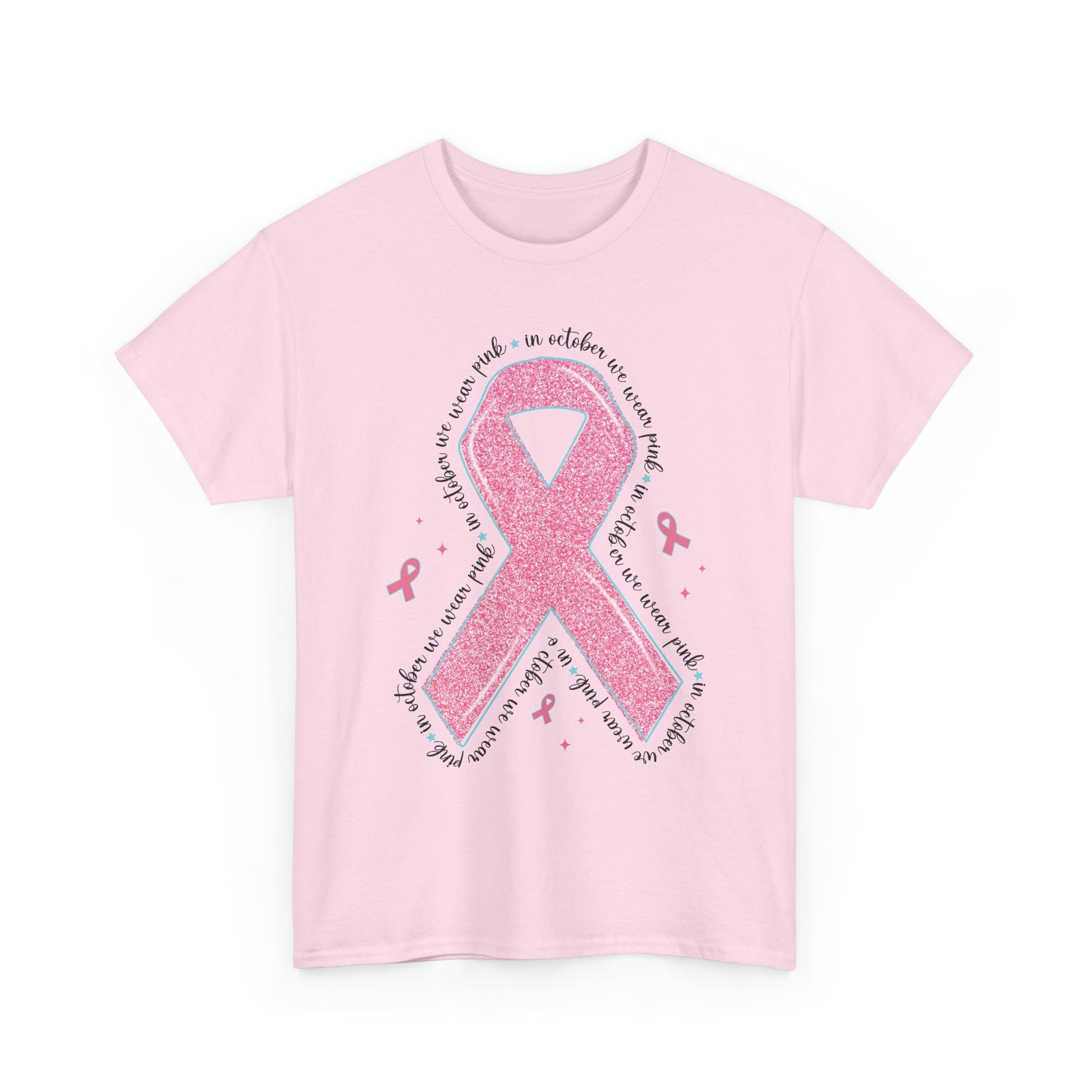 Light pink In October We Wear Pink ribbon t-shirt with glitter pink ribbon