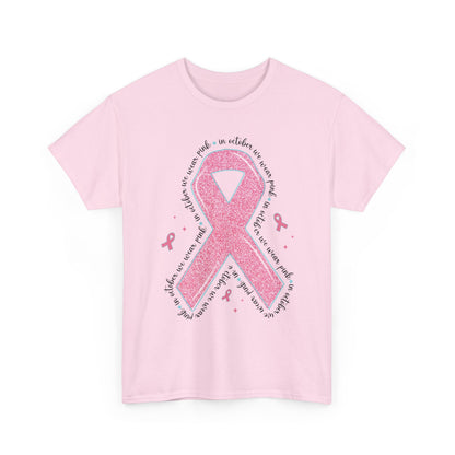 Light pink In October We Wear Pink ribbon t-shirt with glitter pink ribbon