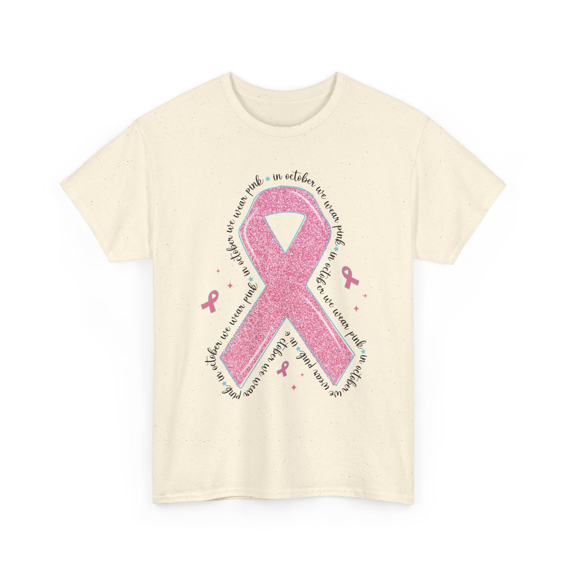Natural In October We Wear Pink ribbon t-shirt with glitter pink ribbon