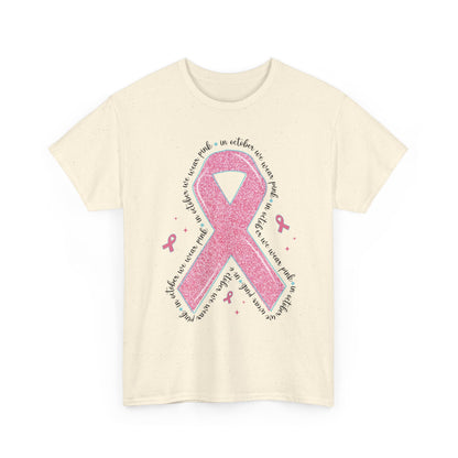 Natural In October We Wear Pink ribbon t-shirt with glitter pink ribbon