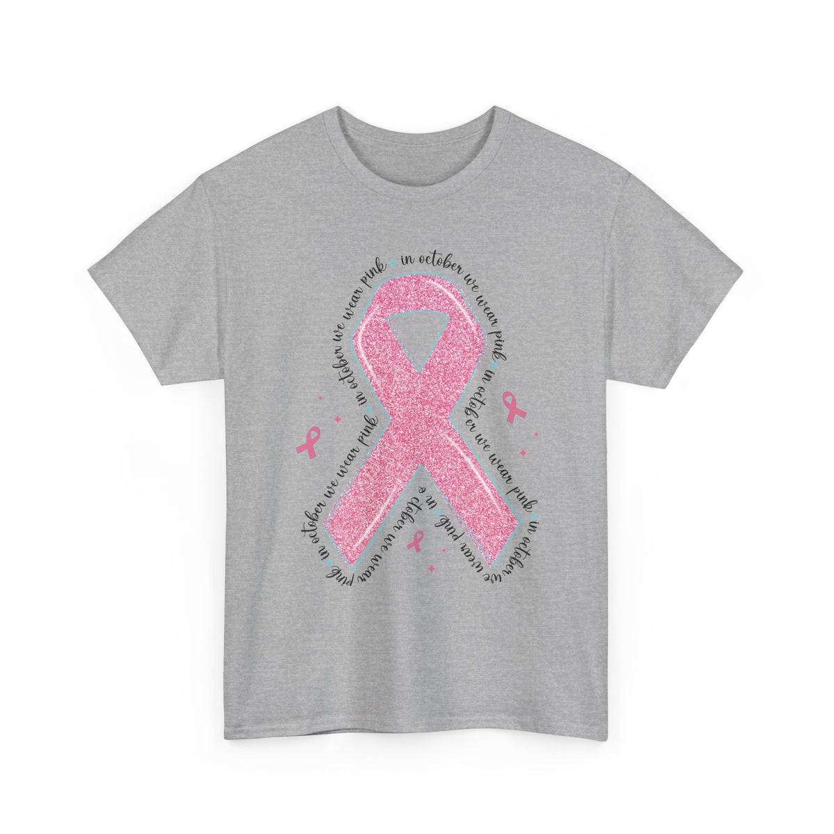 Sport grey In October We Wear Pink ribbon t-shirt with glitter pink ribbon
