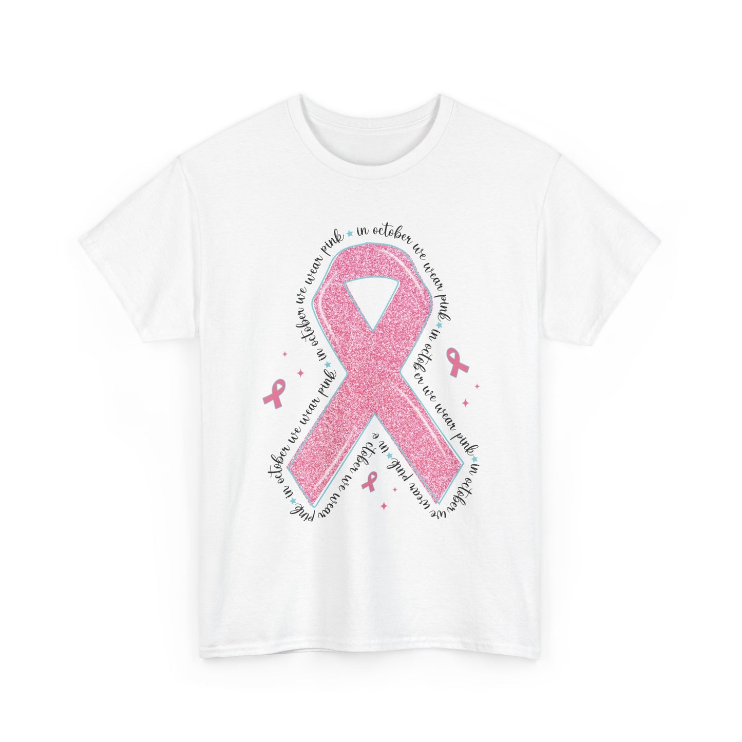 White In October We Wear Pink ribbon t-shirt with glitter pink ribbon