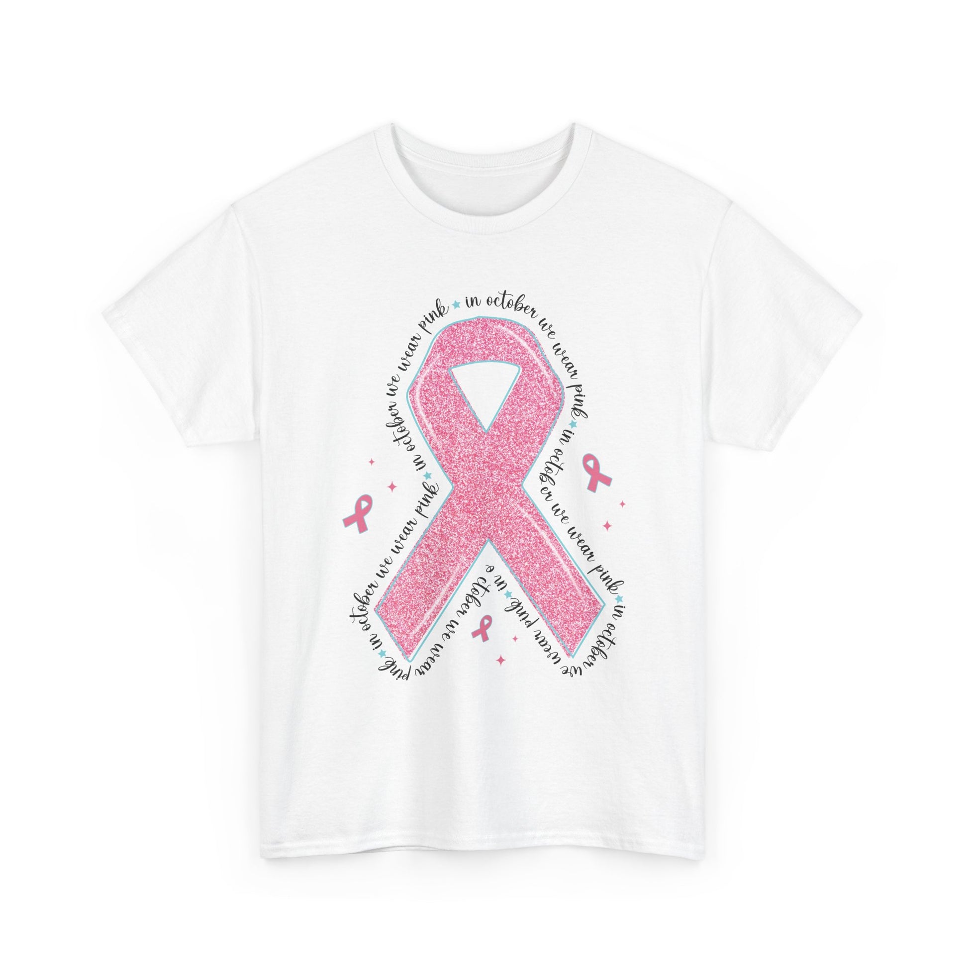 White In October We Wear Pink ribbon t-shirt with glitter pink ribbon