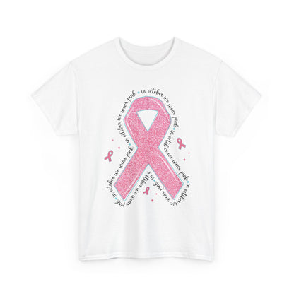 White In October We Wear Pink ribbon t-shirt with glitter pink ribbon