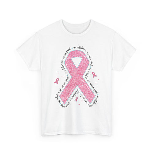 White In October We Wear Pink ribbon t-shirt with glitter pink ribbon