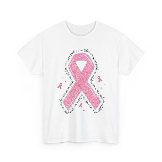 White In October We Wear Pink ribbon t-shirt with glitter pink ribbon