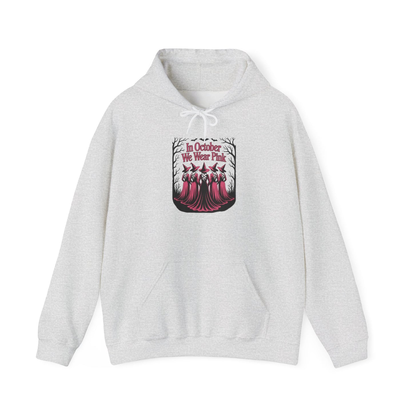 Ash grey In October We Wear Pink hoodie with five witches in pink gowns