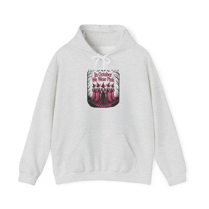 Ash grey In October We Wear Pink hoodie with five witches in pink gowns