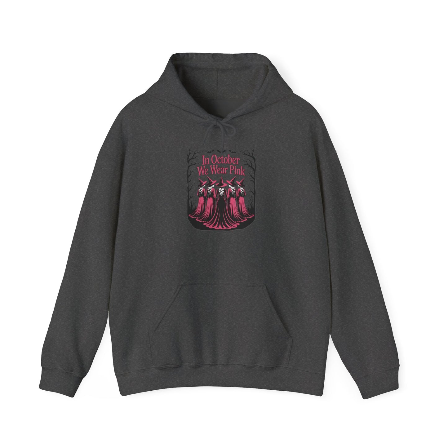 Dark heather In October We Wear Pink hoodie with five witches in pink gowns