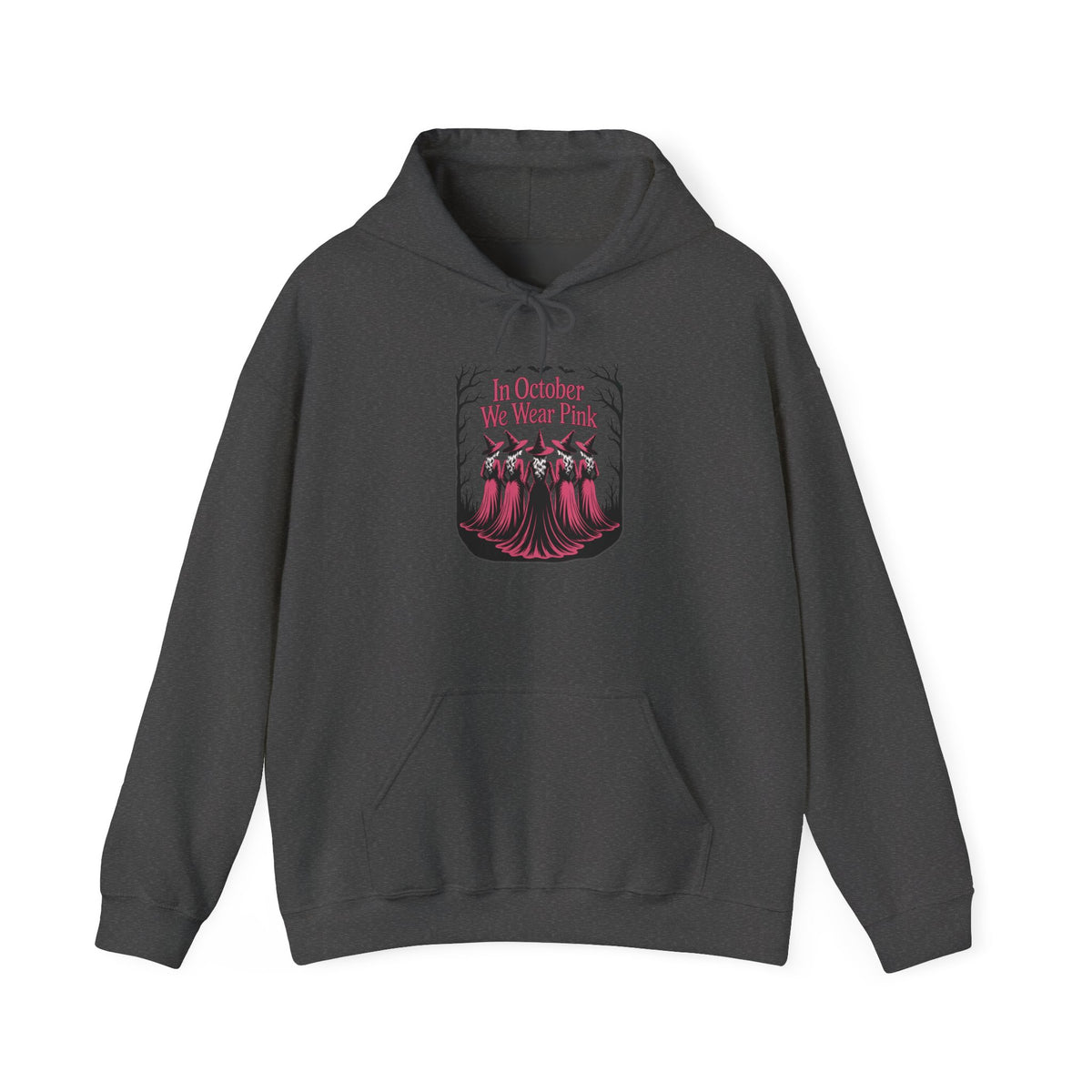 Dark heather In October We Wear Pink hoodie with five witches in pink gowns