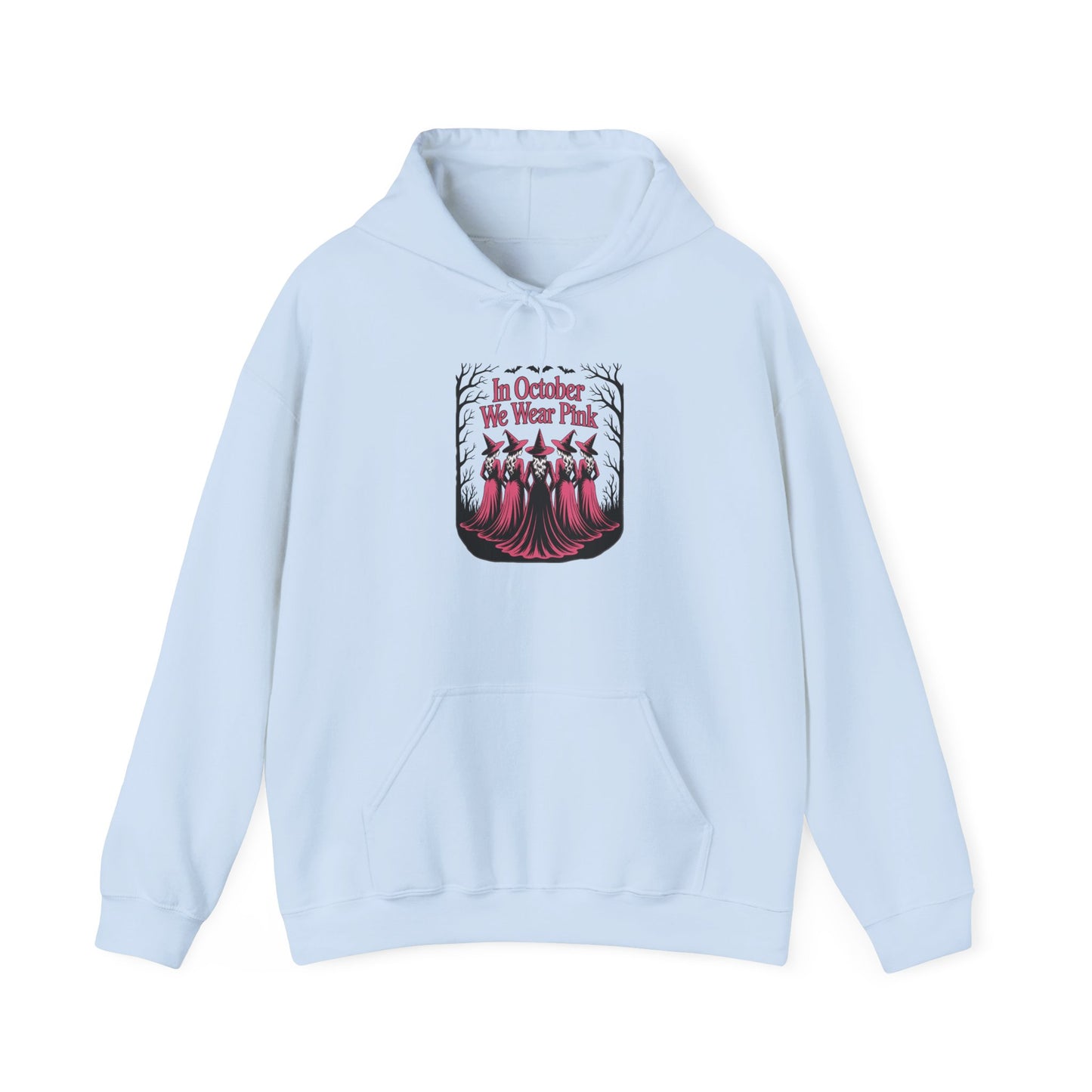 Light blue In October We Wear Pink hoodie with five witches in pink gowns