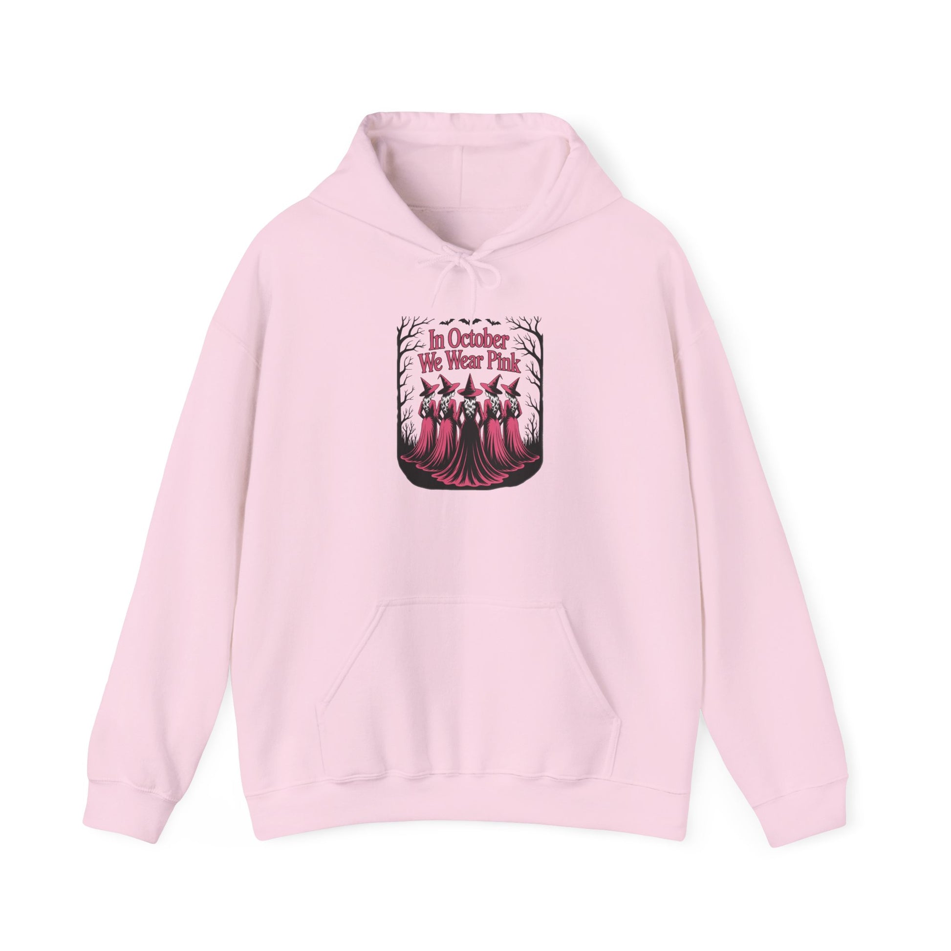 Light pink In October We Wear Pink hoodie with five witches in pink gowns