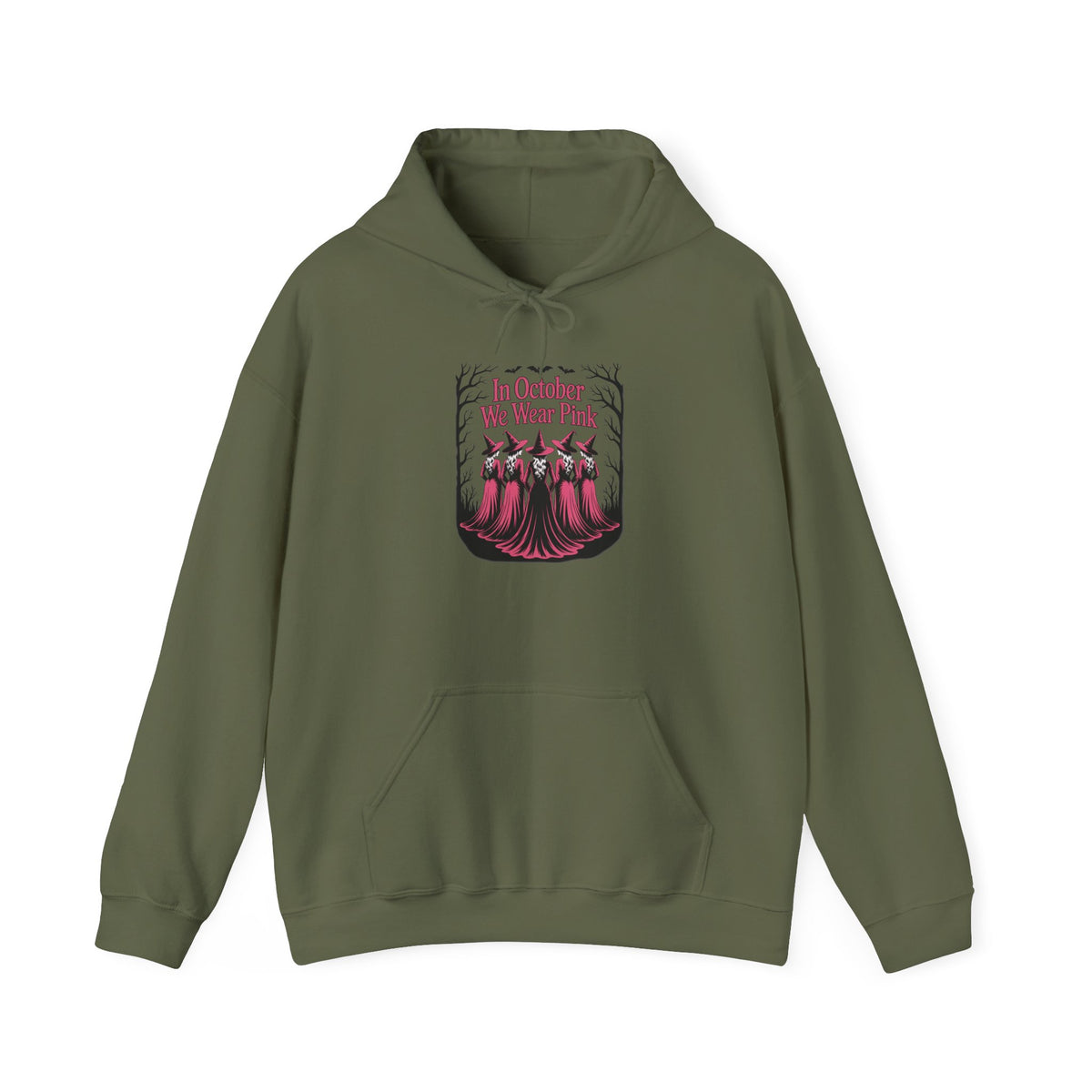 Military green In October We Wear Pink hoodie with five witches in pink gowns