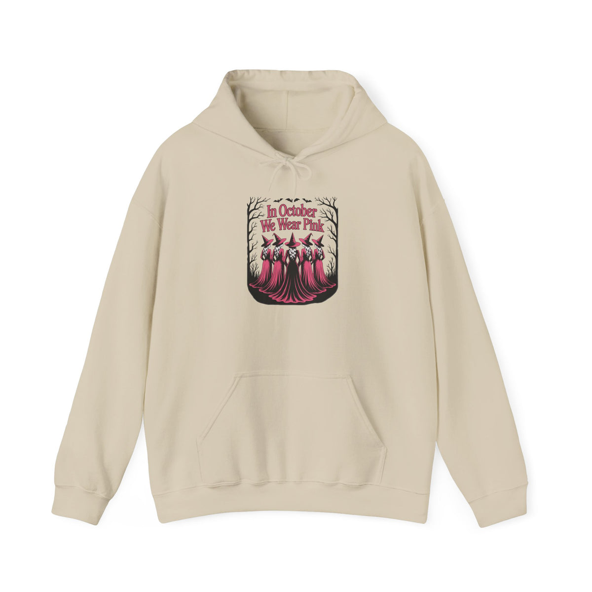 Sand In October We Wear Pink hoodie with five witches in pink gowns