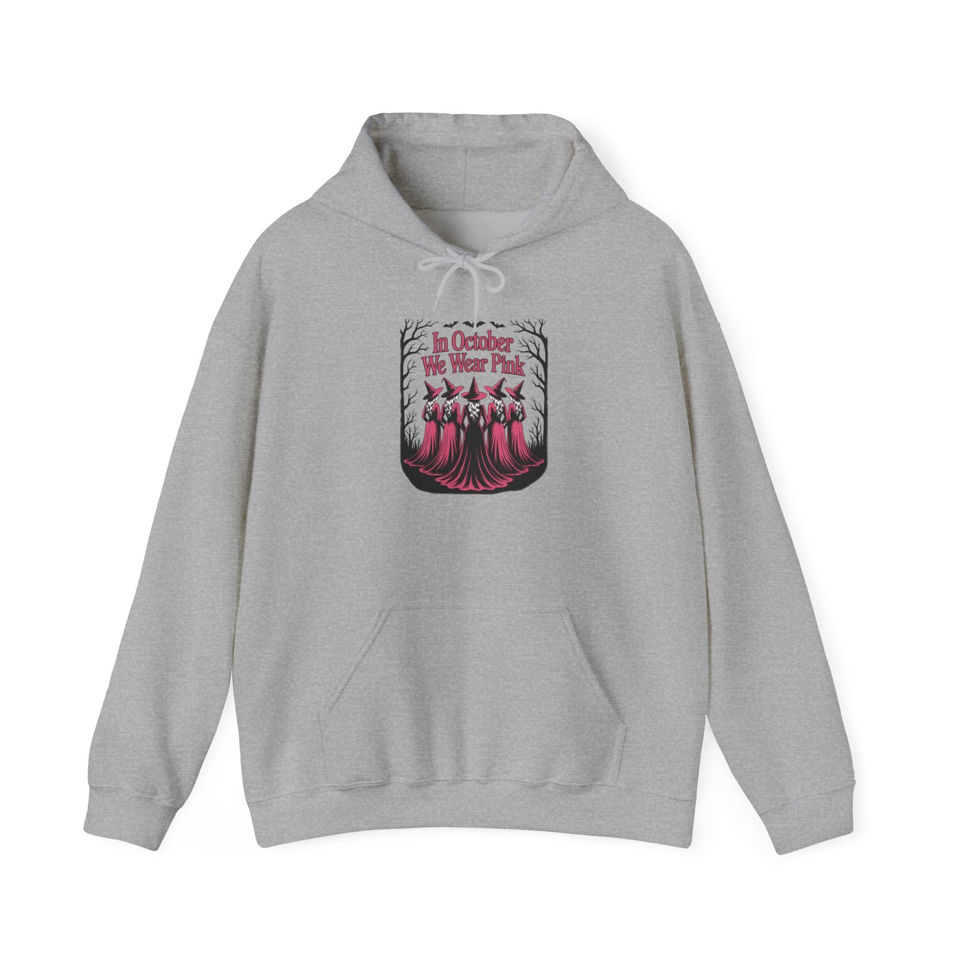 Sport grey In October We Wear Pink hoodie with five witches in pink gowns