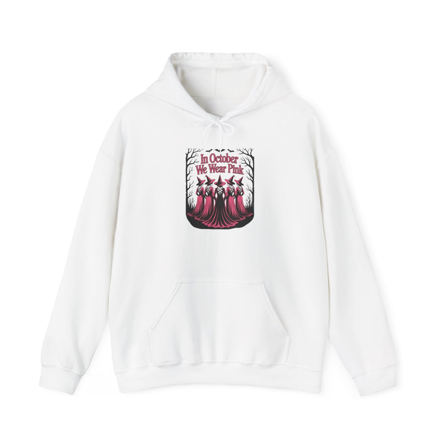 White In October We Wear Pink hoodie with five witches in pink gowns