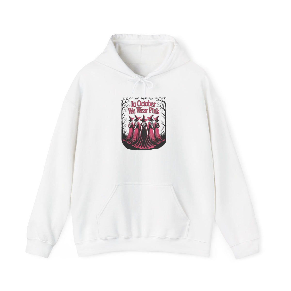 White In October We Wear Pink hoodie with five witches in pink gowns