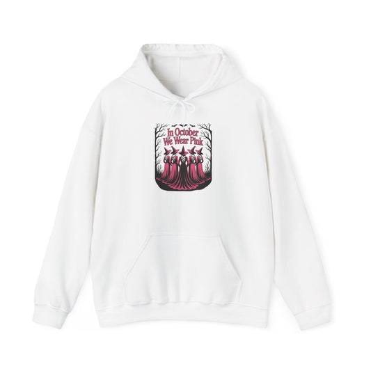 White In October We Wear Pink hoodie with five witches in pink gowns
