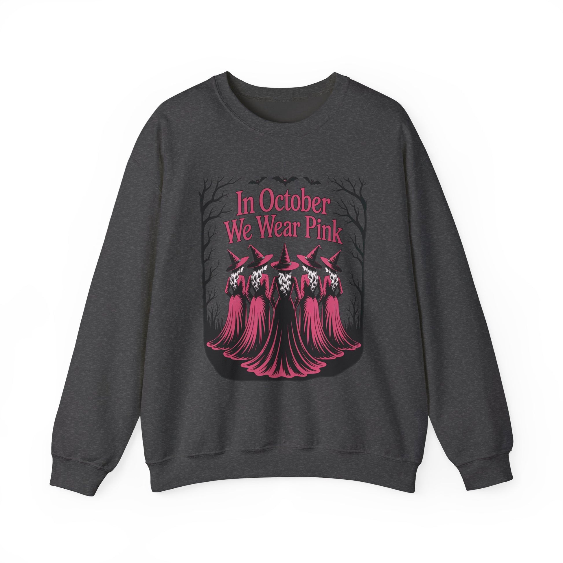 Dark heather In October We Wear Pink sweatshirt with five witches in pink gowns
