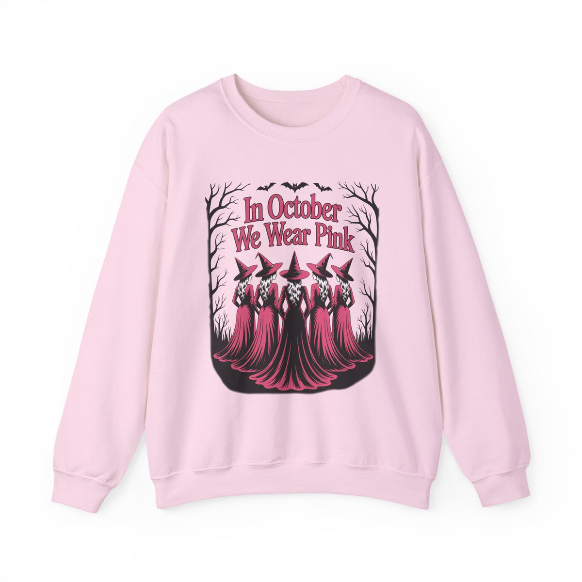 Light pink In October We Wear Pink sweatshirt with five witches in pink gowns