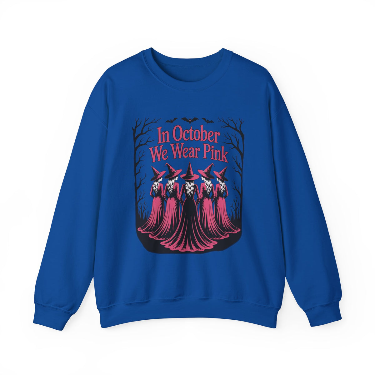 Royal blue In October We Wear Pink sweatshirt with five witches in pink gowns