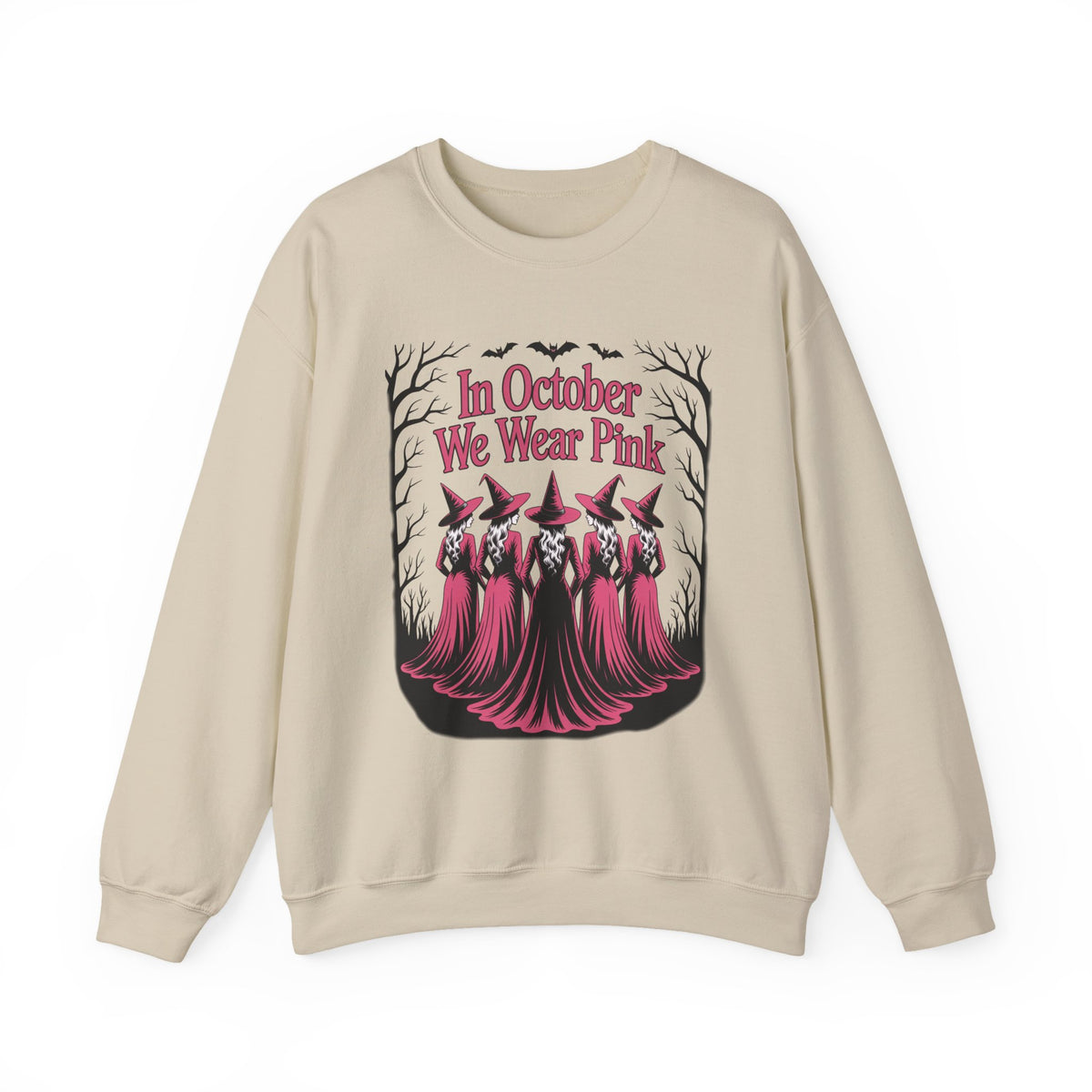 Sand In October We Wear Pink sweatshirt with five witches in pink gowns